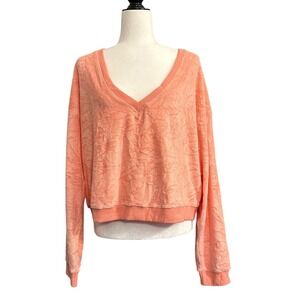 Beyond Yoga Pullover Long Sleeve V Neck Peach Coral Textured Sweatshirt Women XL